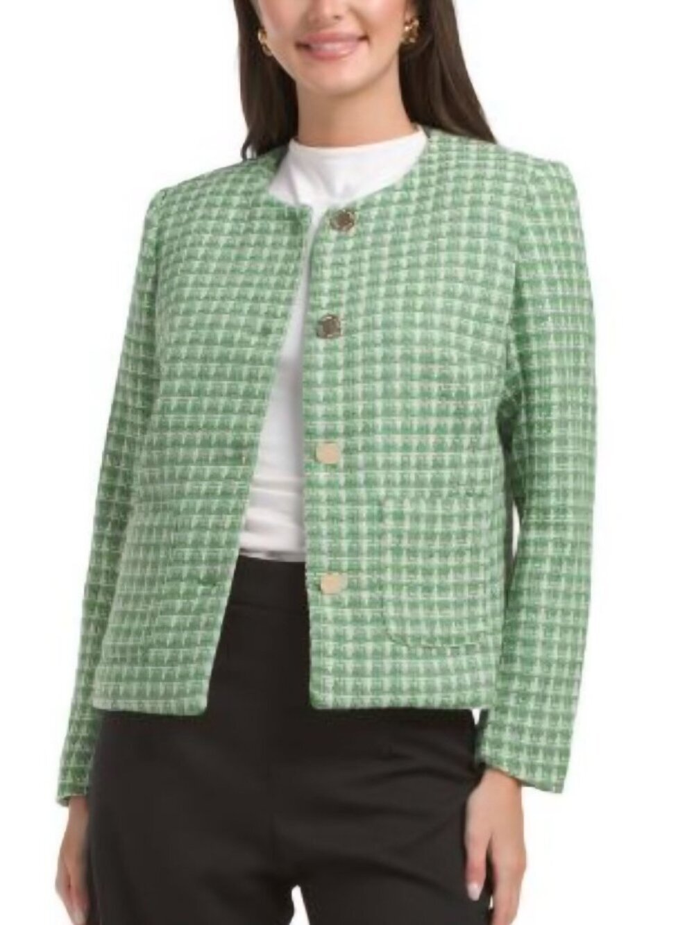 Anne Klein Jewel Neck Lady Jacket Green Tweed Gold Button Pockets Size L